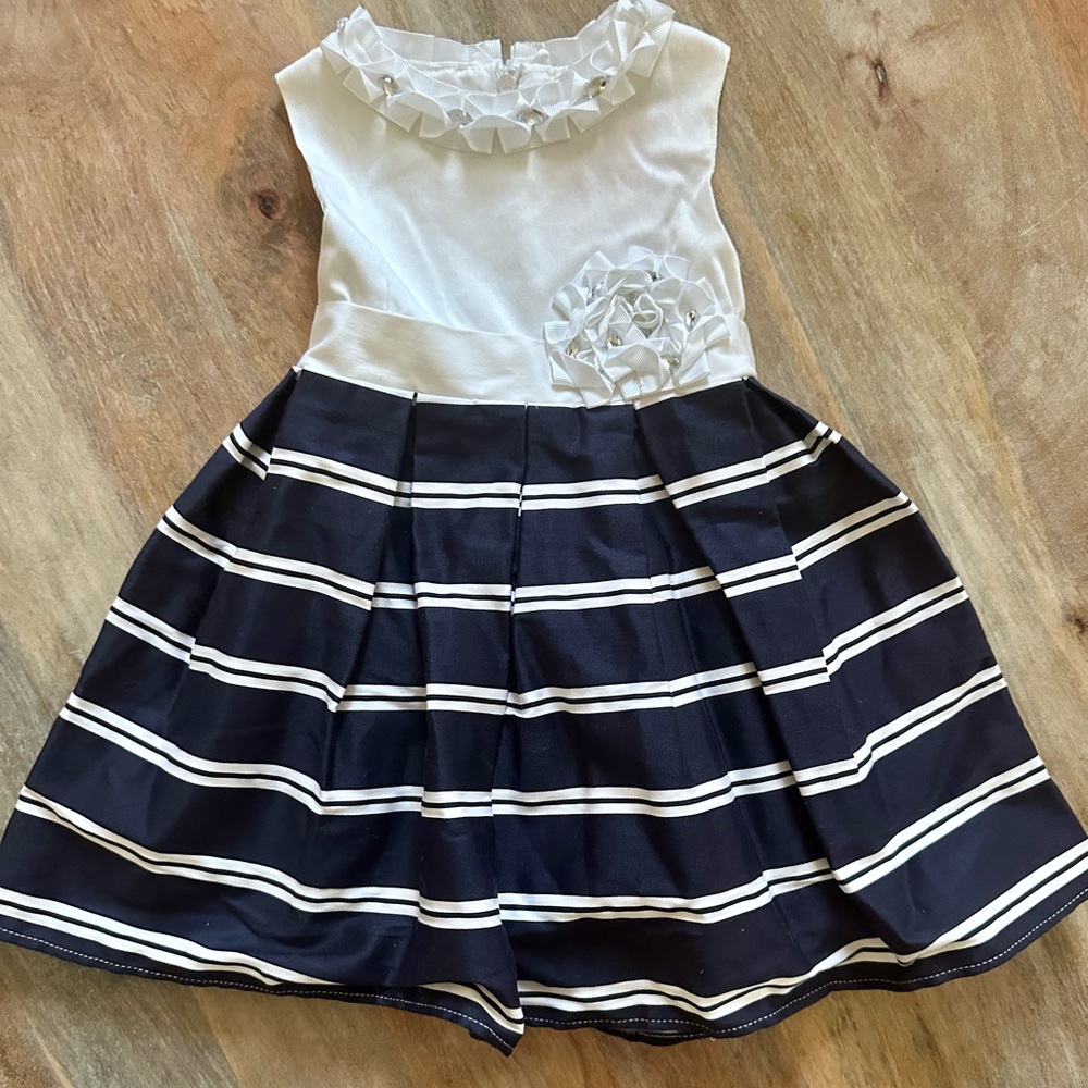 Elegant White and Navy Striped Kids Dress